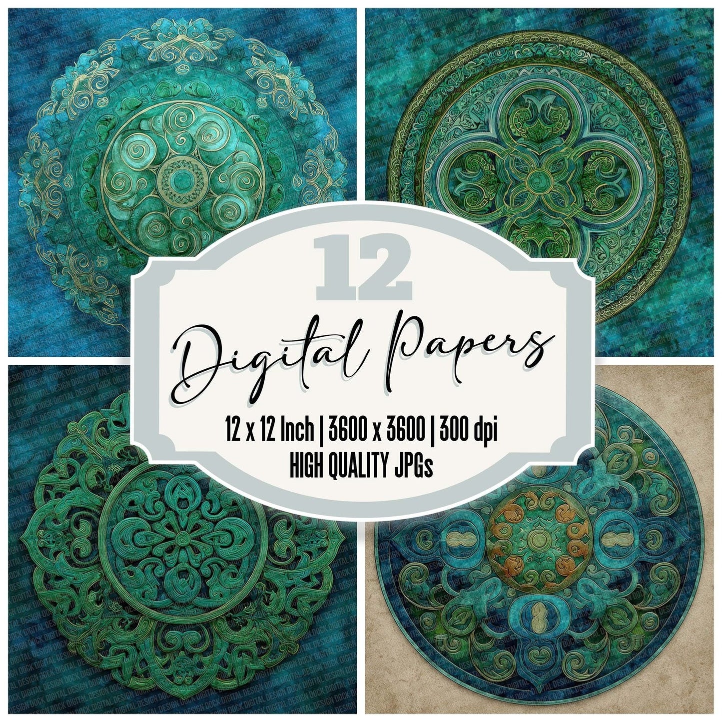Celtic Spiral Mandala Green Digital Paper Pack (DDD000841)