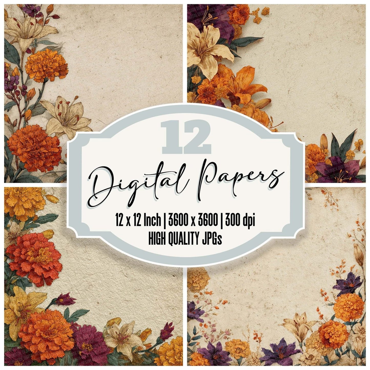 Ceremonial Floral Border Digital Paper Pack (DDD000845)