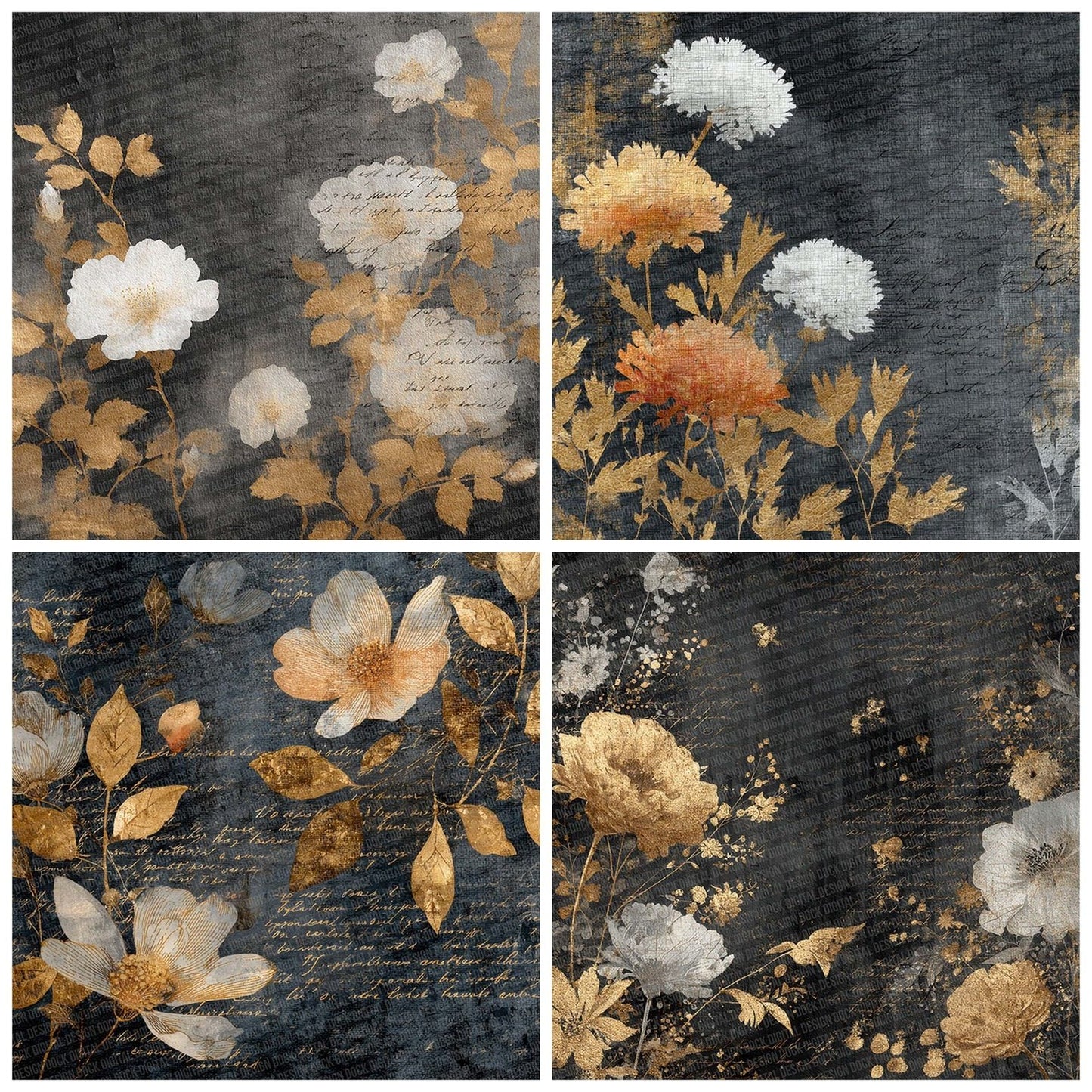 Charcoal Gold Fabric Layer Floral Script Digital Paper Pack (DDD000873)