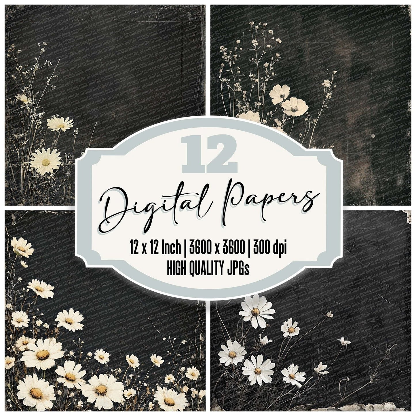 Charcoal Wildflower Fade Digital Paper Pack (DDD000886)