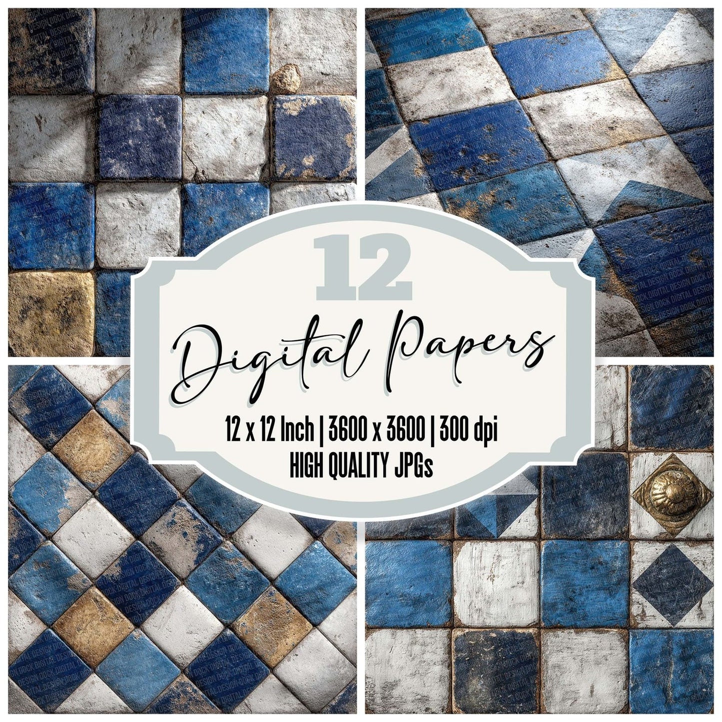 Checkerboard Navy Tile Pattern Digital Paper Pack (DDD000892)
