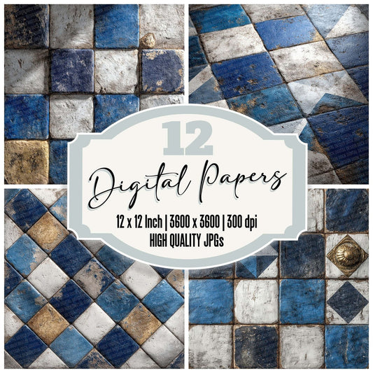 Checkerboard Navy Tile Pattern Digital Paper Pack (DDD000892)