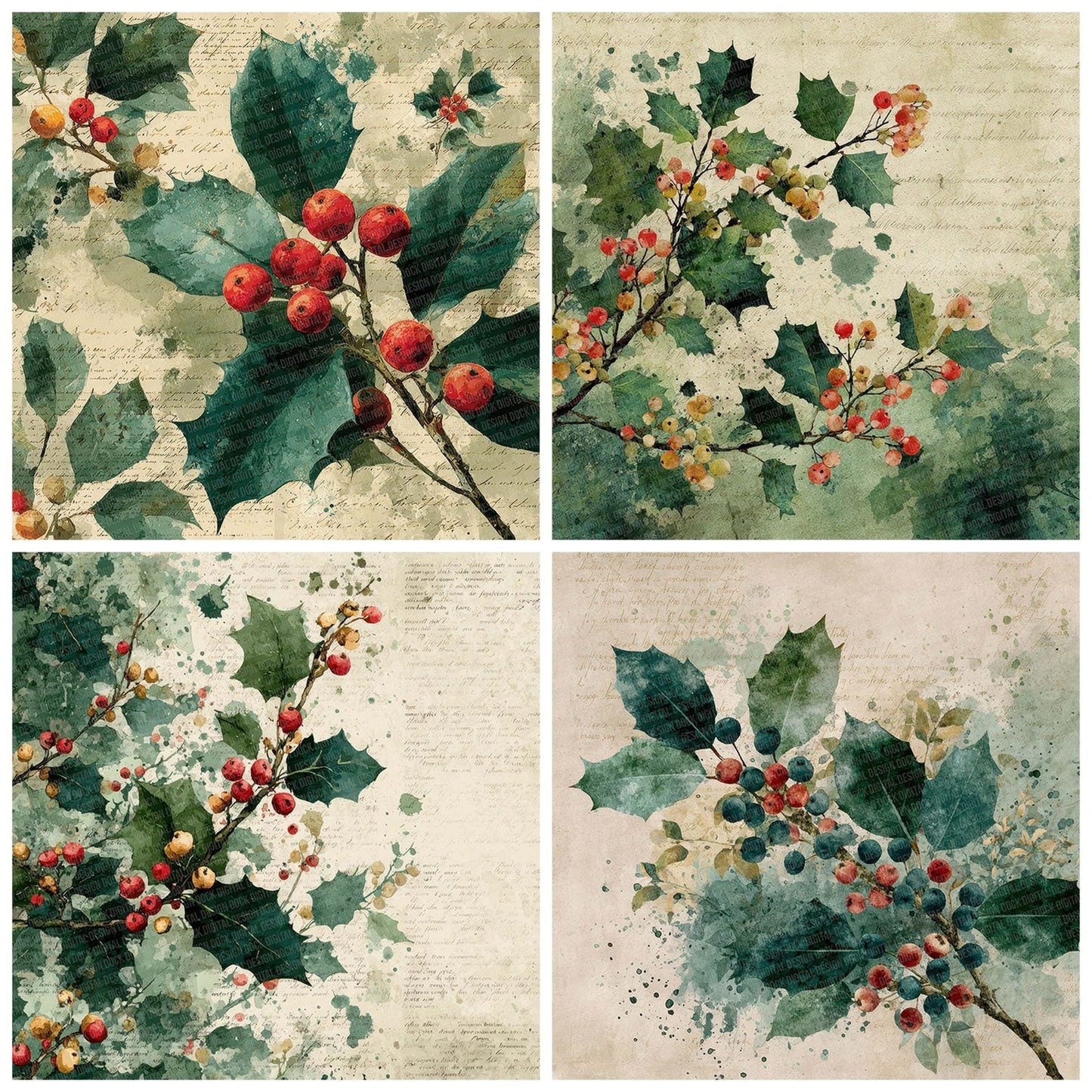 Christmas Holly Script Digital Paper Pack (DDD000914)