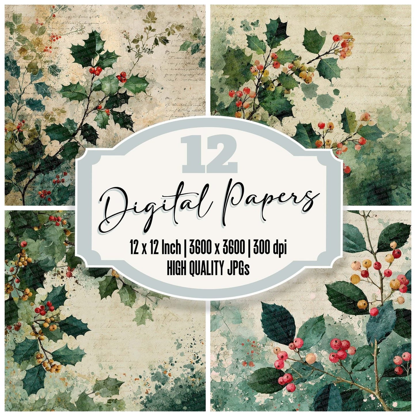 Christmas Holly Script Digital Paper Pack (DDD000914)