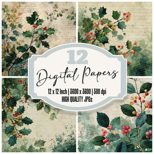 Christmas Holly Script Digital Paper Pack (DDD000914)