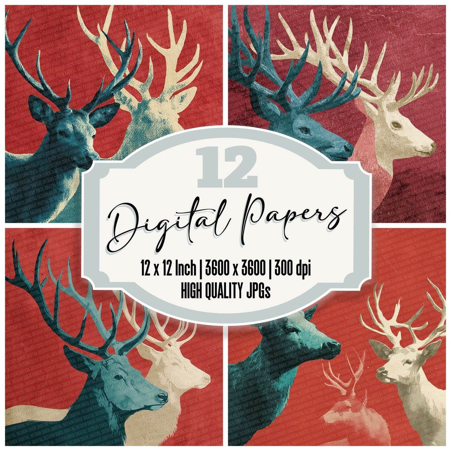 Christmas Retro Reindeer Head Digital Paper Pack (DDD000927)