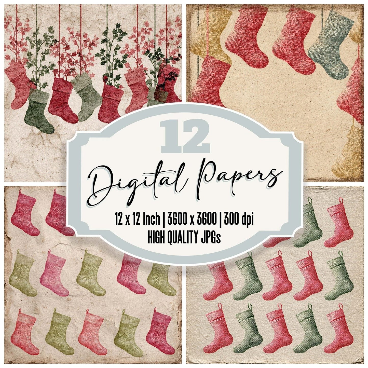 Christmas Retro Stocking Digital Paper Pack (DDD000934)