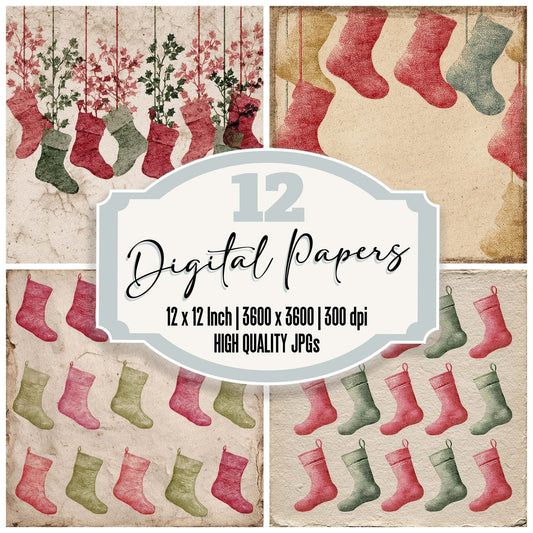 Christmas Retro Stocking Digital Paper Pack (DDD000934)