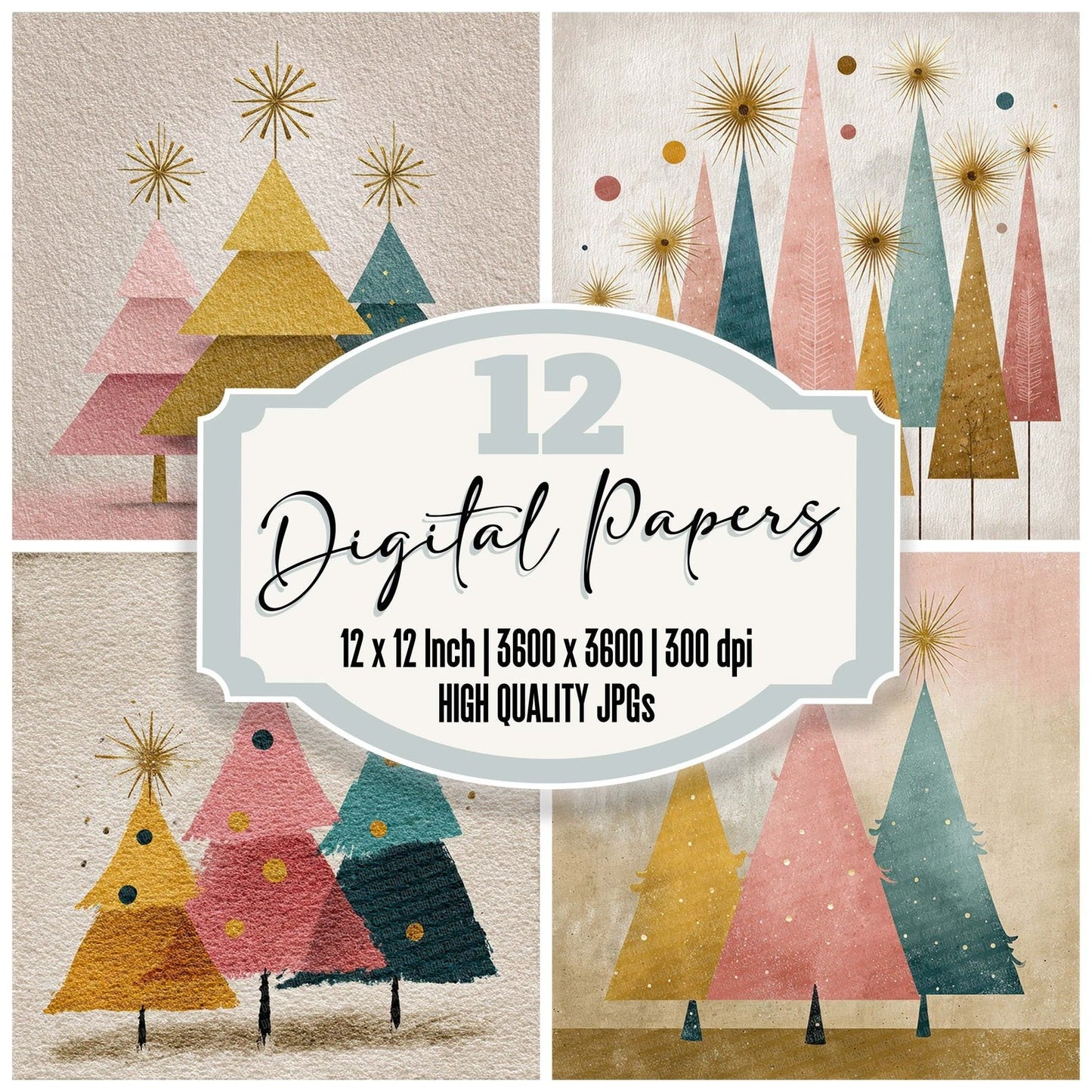 Christmas Retro Tree Silhouettes Digital Paper Pack (DDD000939)