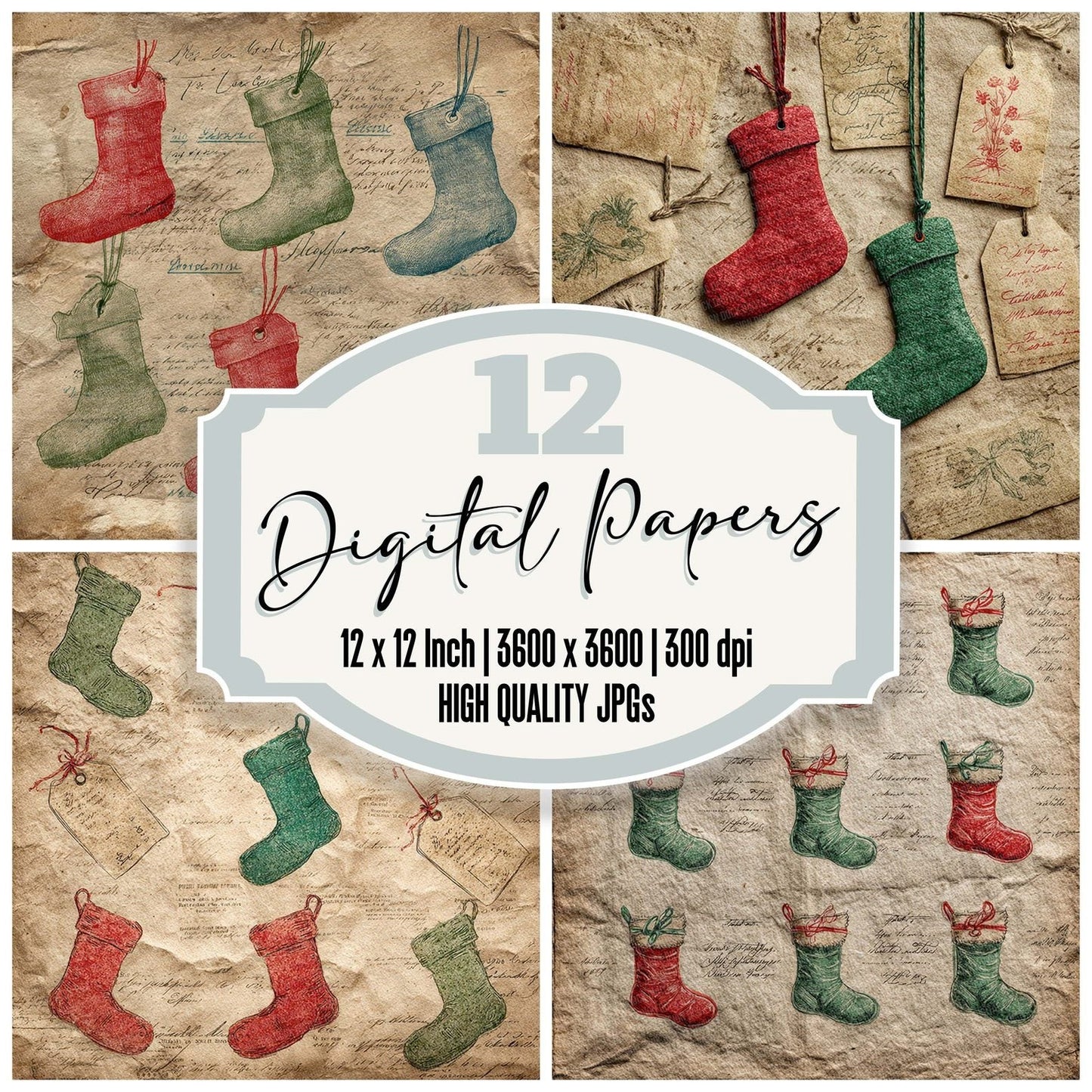 Christmas Stocking Kraft Digital Paper Pack (DDD000947)
