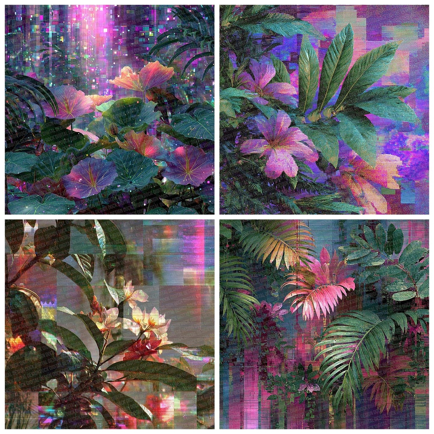 Chromatic Leaf Botanical Glitch Digital Paper Pack (DDD000952)