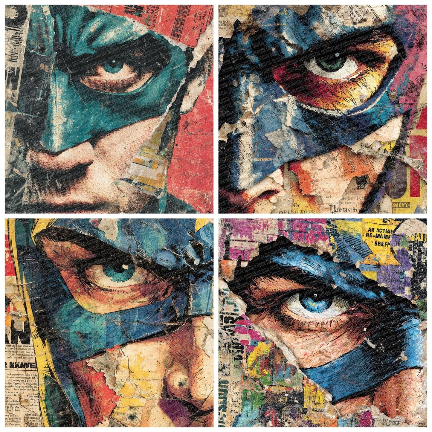 Comic Book Mask Fragment Collage Digital Paper Pack (DDD001200)