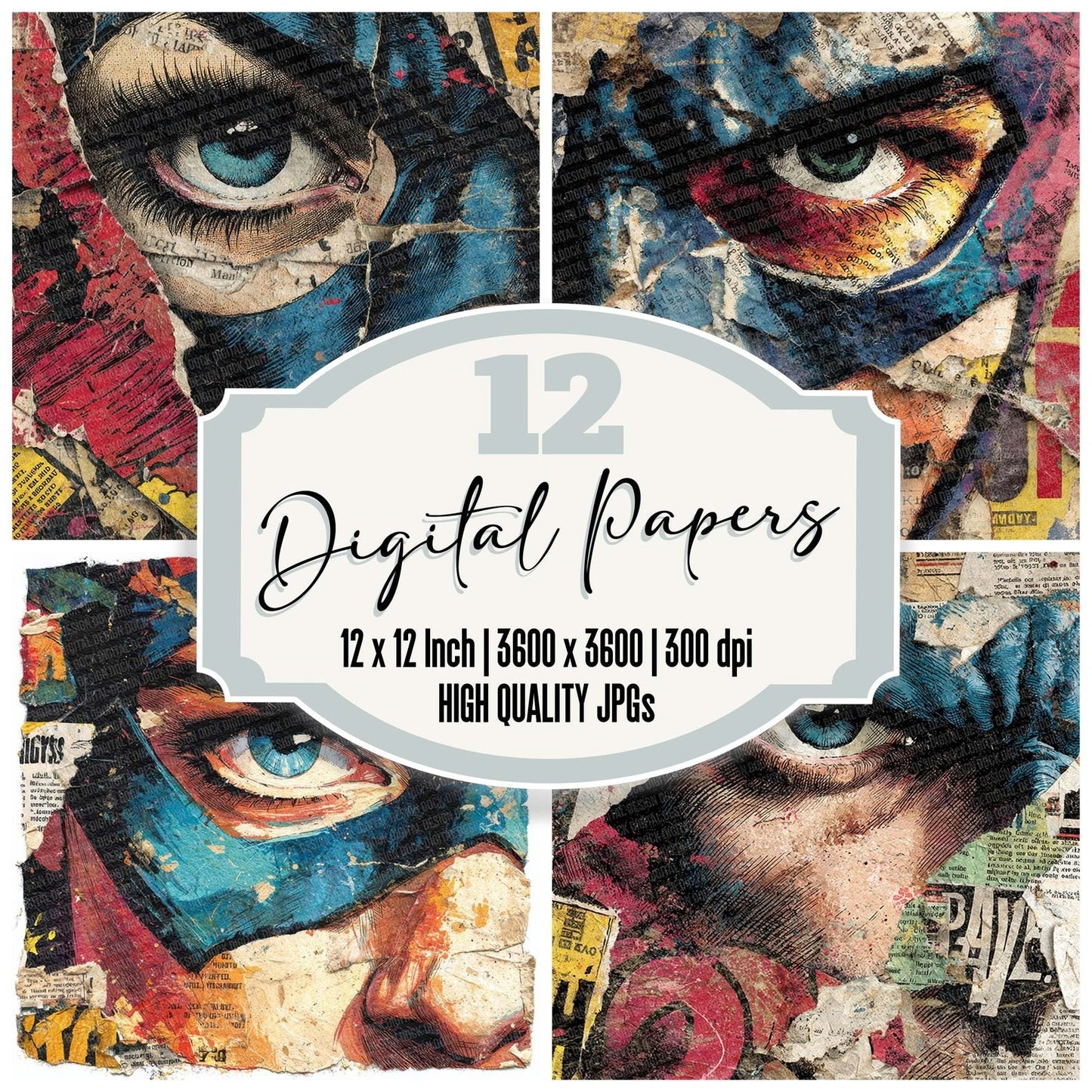 Comic Book Mask Fragment Collage Digital Paper Pack (DDD001200)