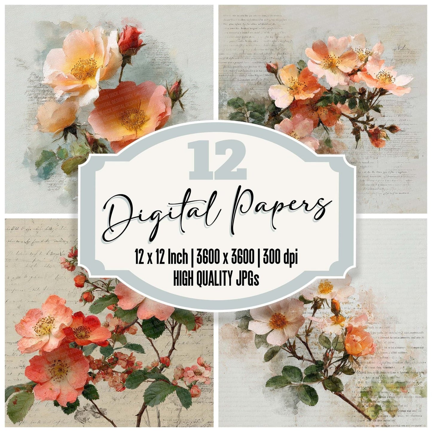 Coral Rose Poem Digital Paper Pack (DDD007633)