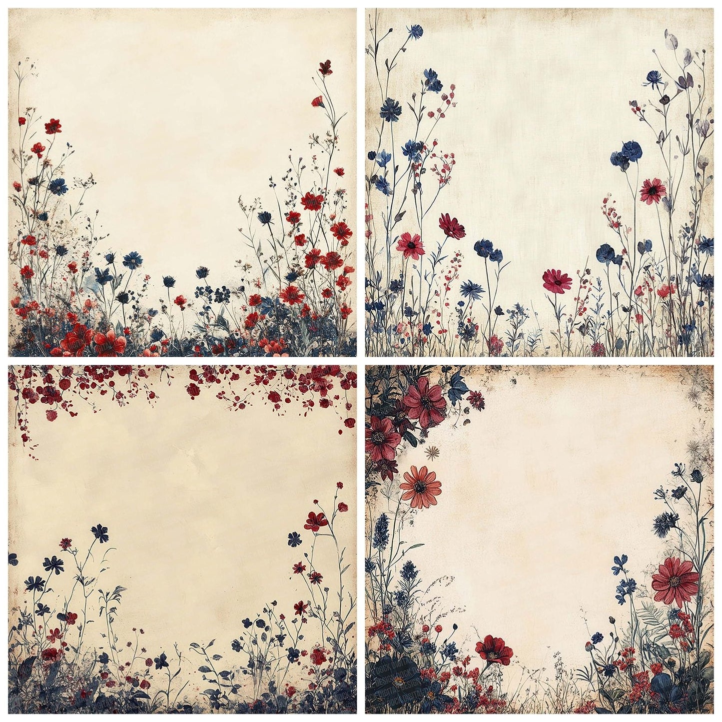 Crimson Navy Bloom Edge Digital Paper Pack (DDD001335)