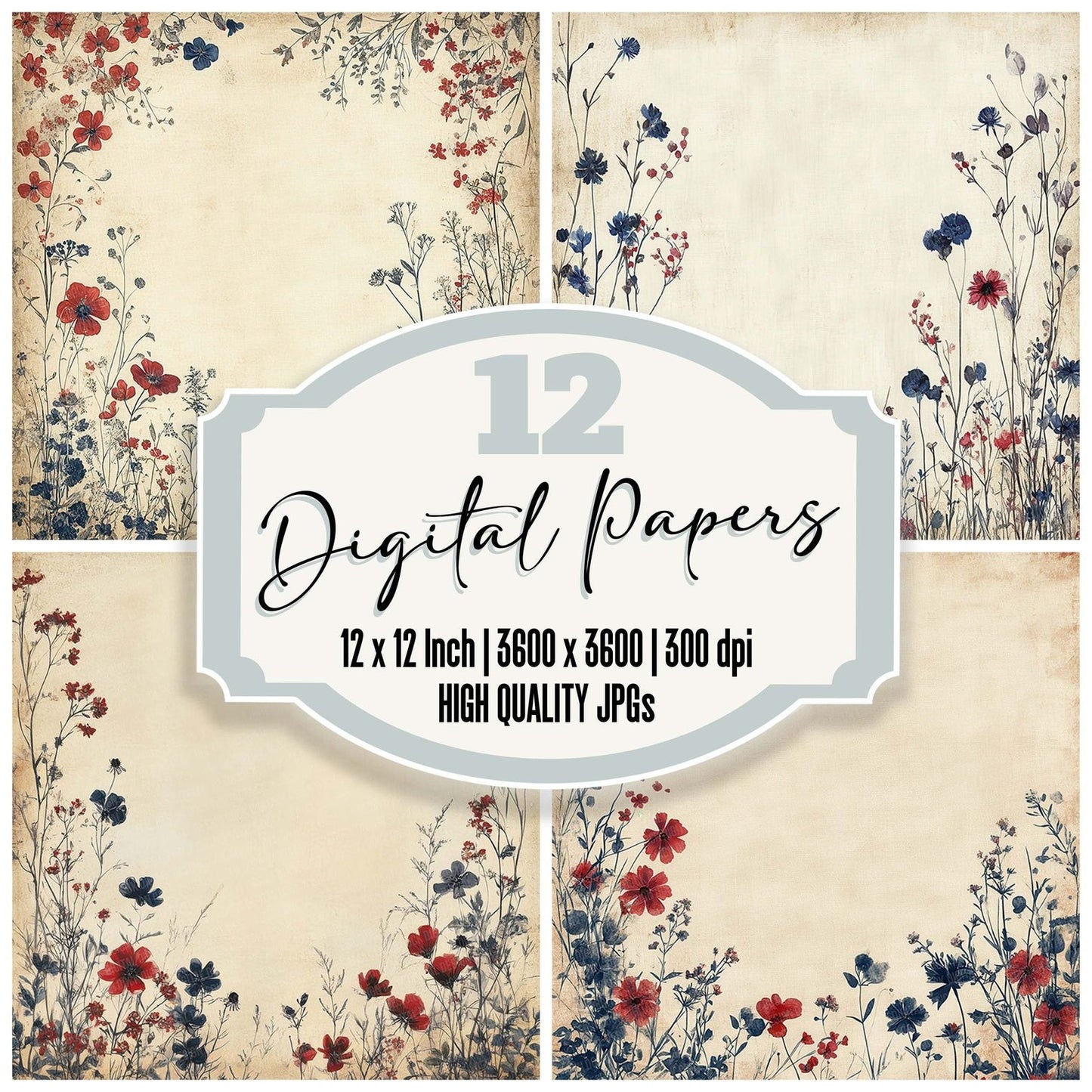 Crimson Navy Bloom Edge Digital Paper Pack (DDD001335)