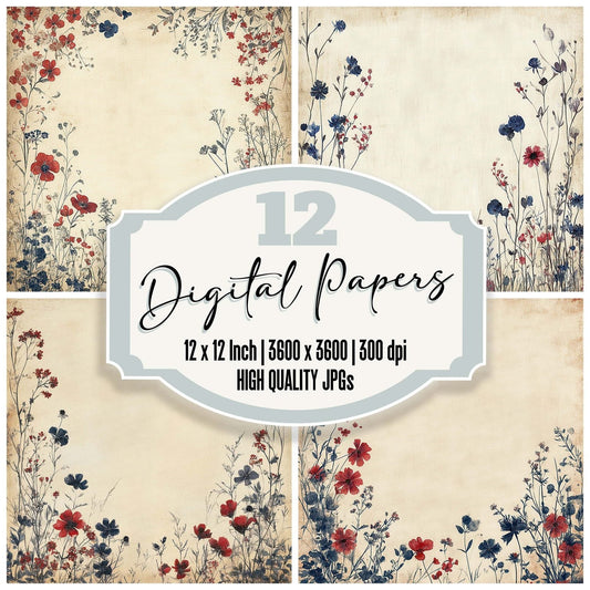 Crimson Navy Bloom Edge Digital Paper Pack (DDD001335)