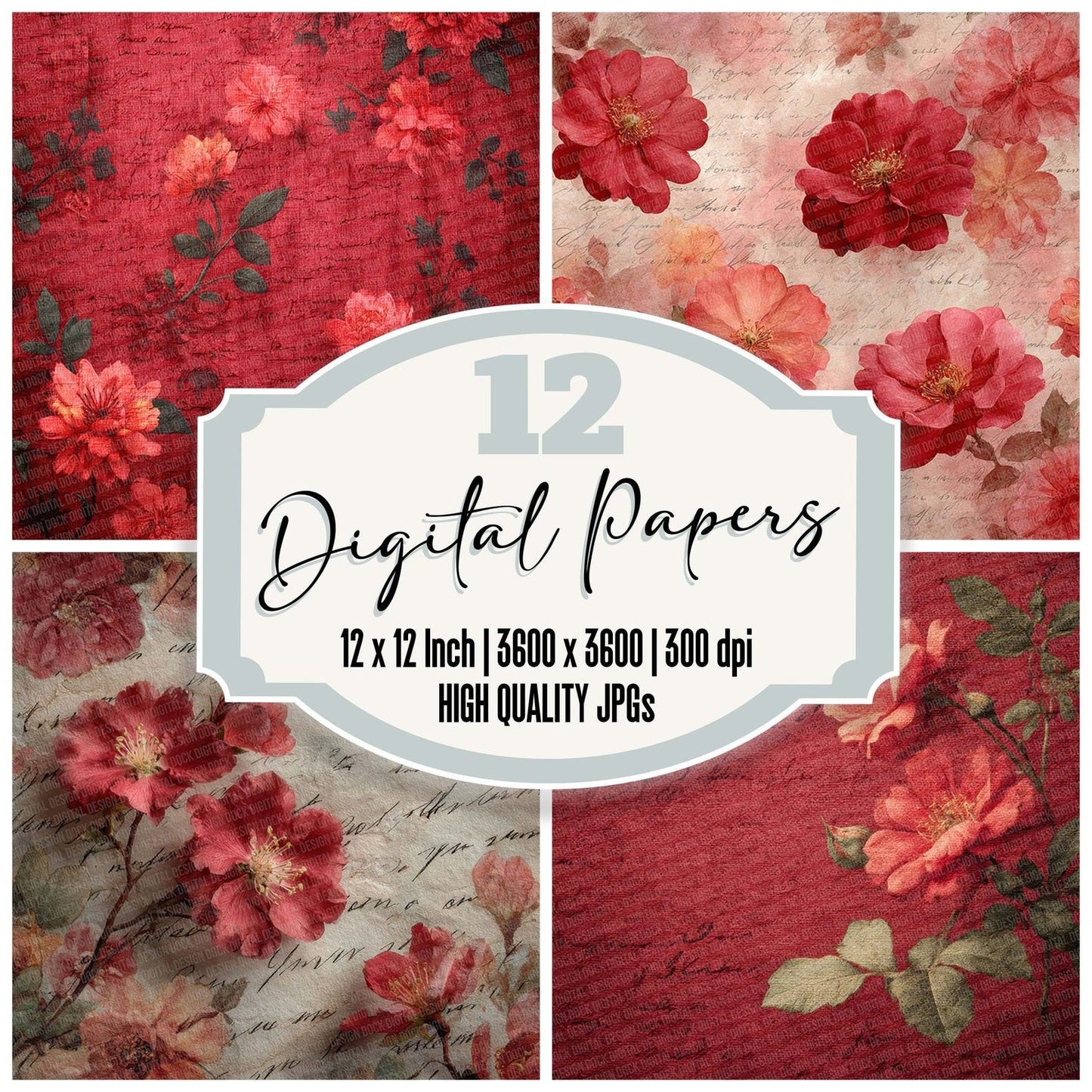 Crimson Parchment Fabric Layer Floral Script Digital Paper Pack (DDD001337)