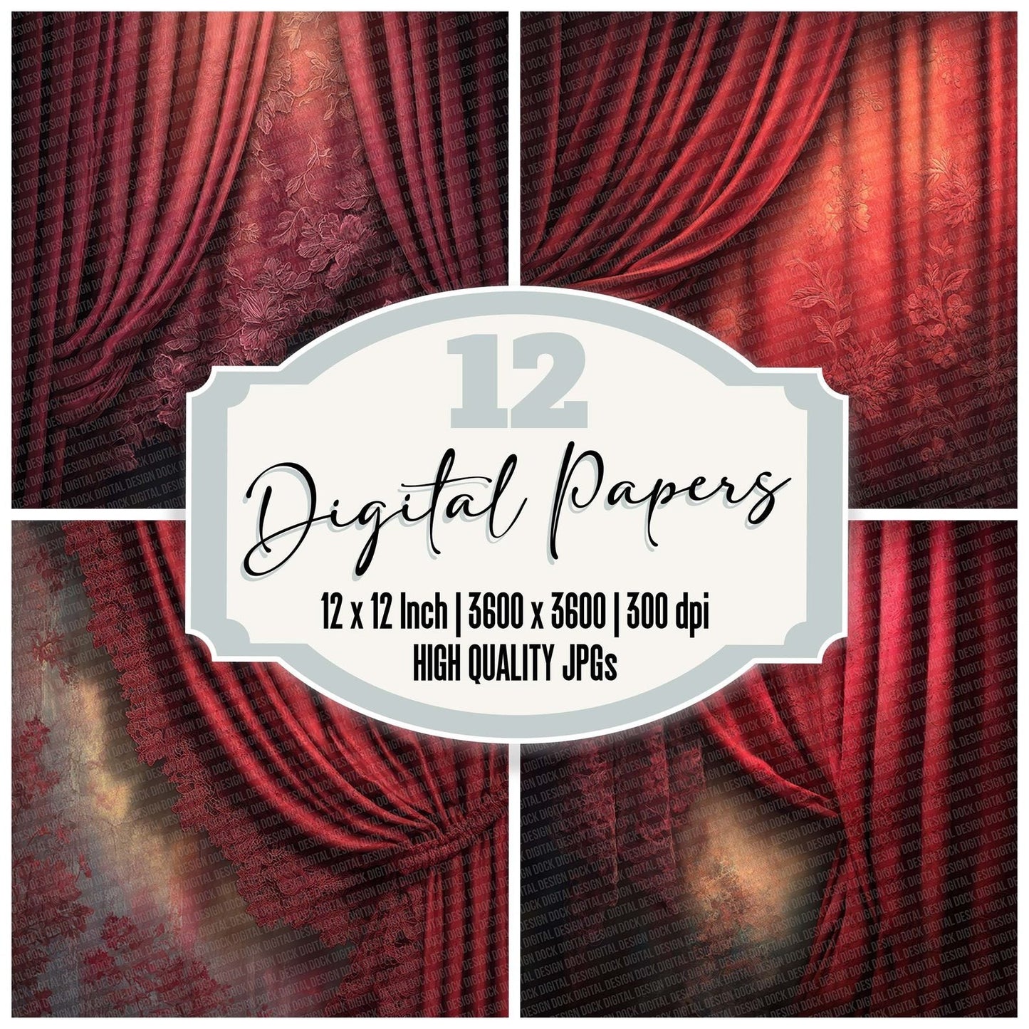Crimson Velvet Lace Curtain Digital Paper Pack (DDD007637)