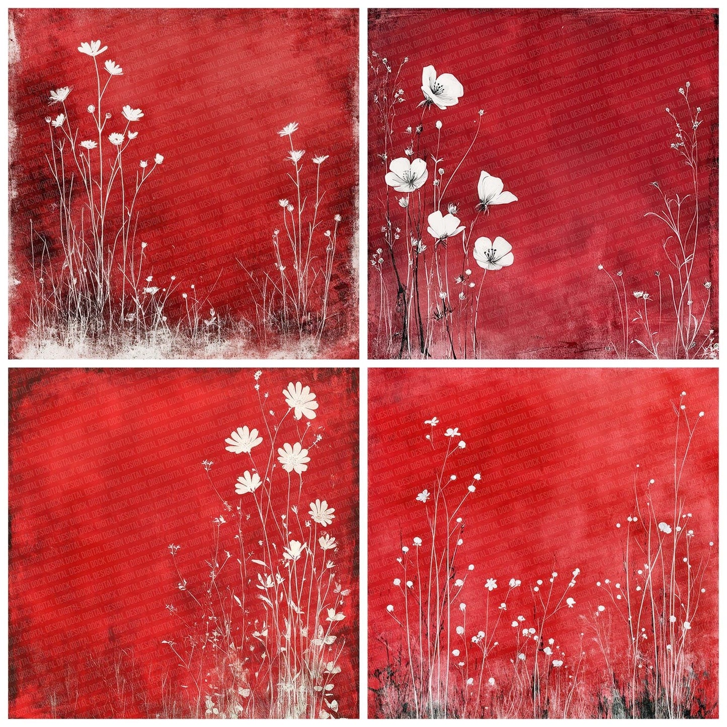 Crimson White Floral Frame Digital Paper Pack (DDD001344)