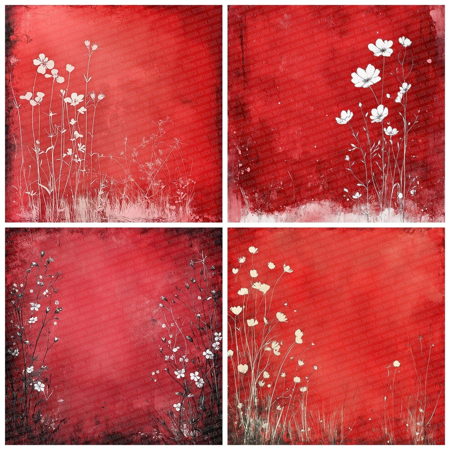 Crimson White Floral Frame Digital Paper Pack (DDD001344)