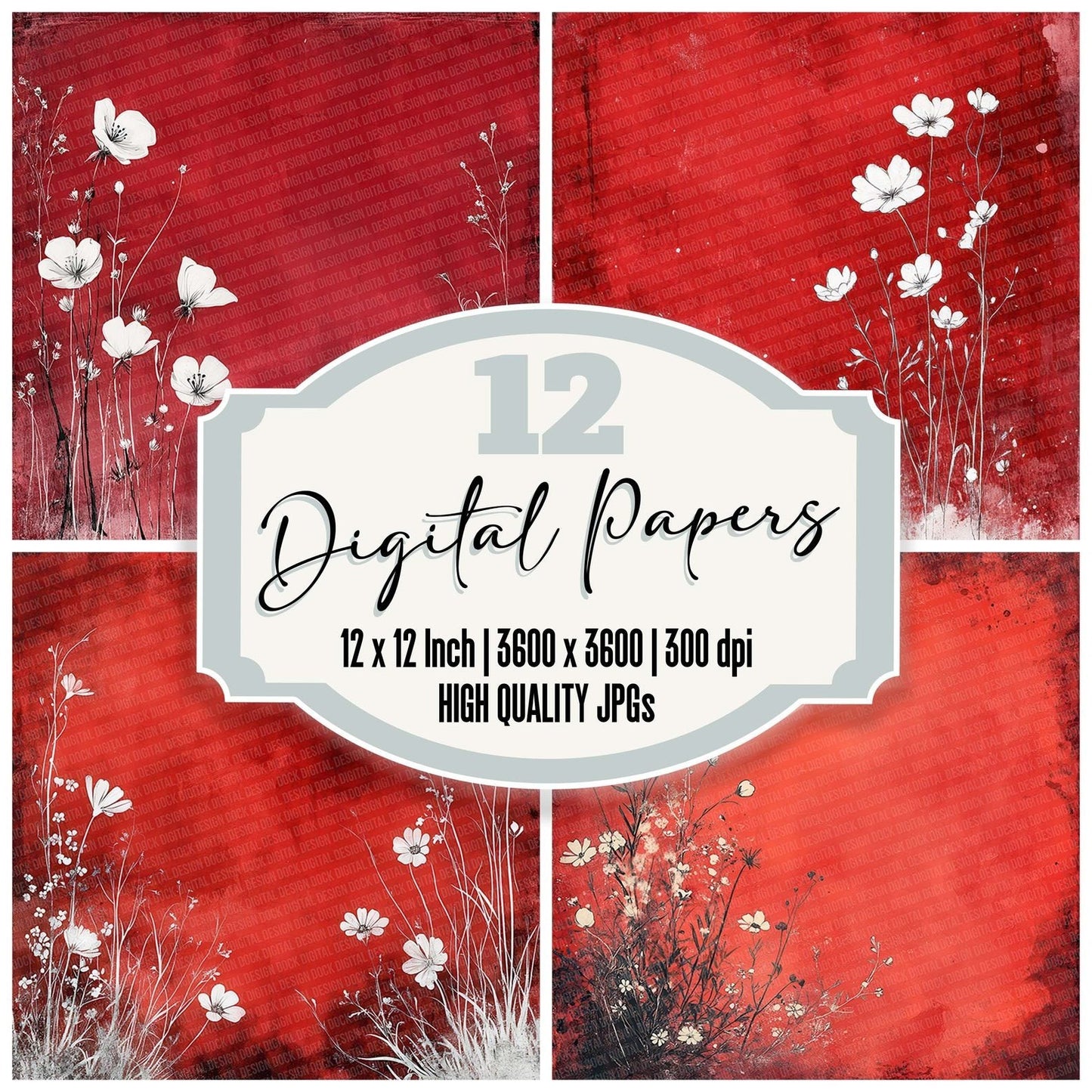 Crimson White Floral Frame Digital Paper Pack (DDD001344)