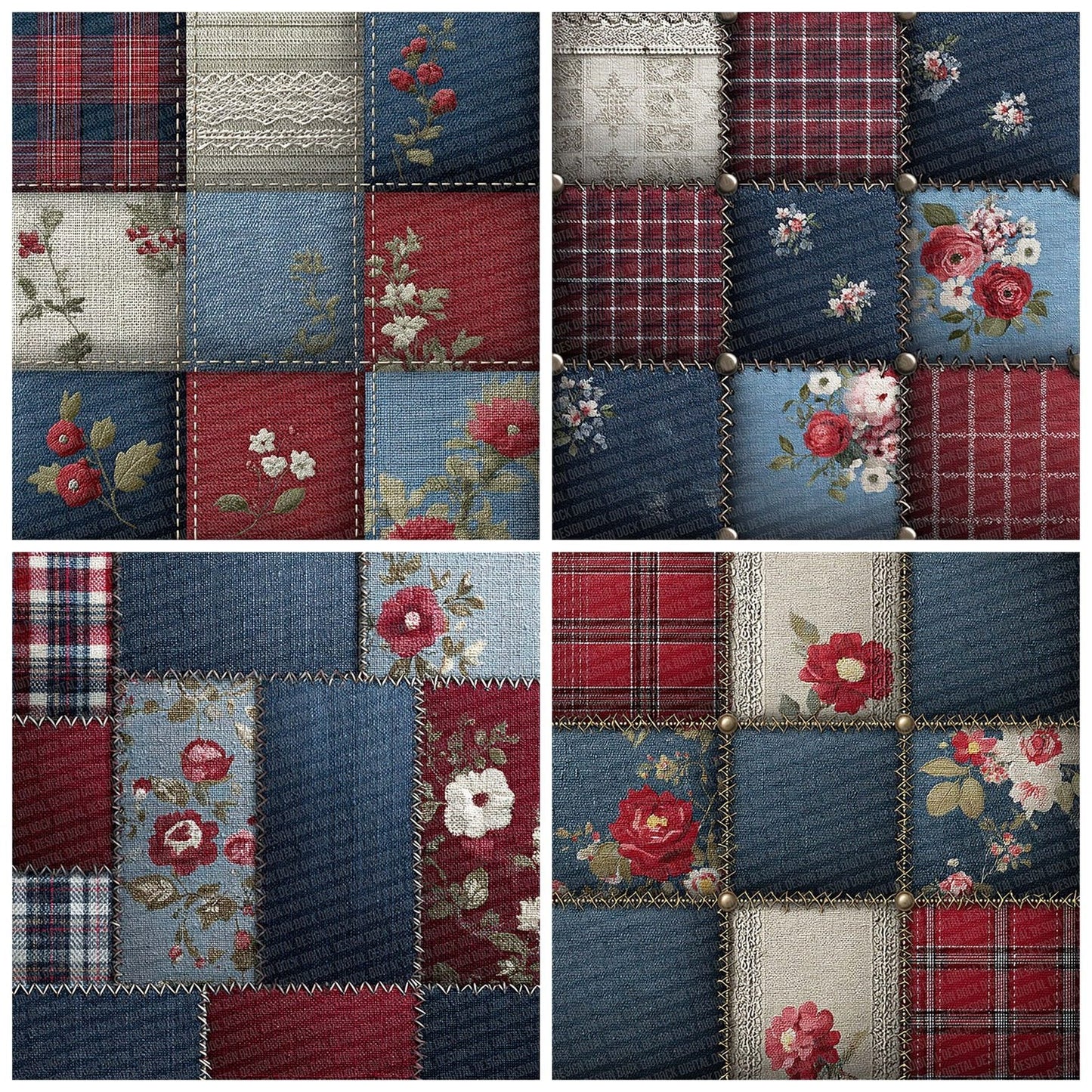 Denim Tartan Lace Patchwork Fabric Digital Paper Pack (DDD001442)