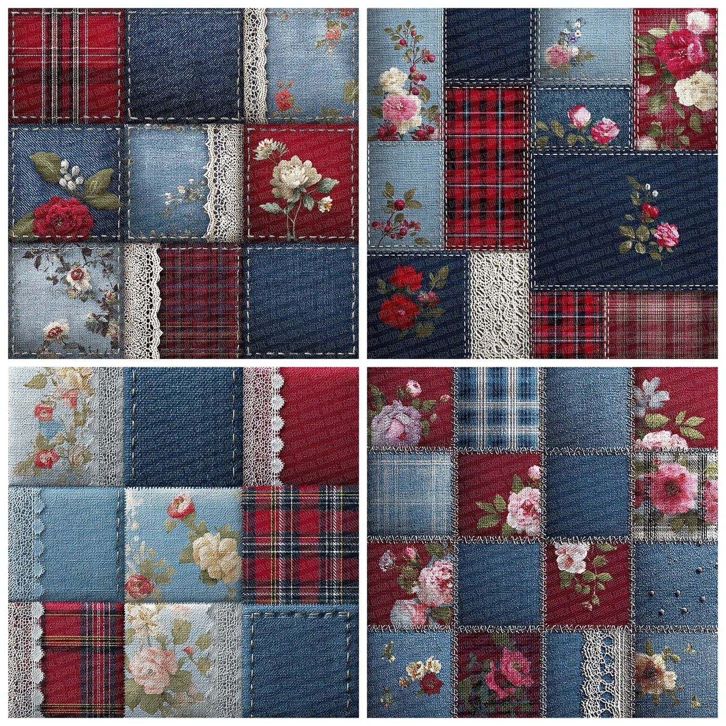 Denim Tartan Lace Patchwork Fabric Digital Paper Pack (DDD001442)