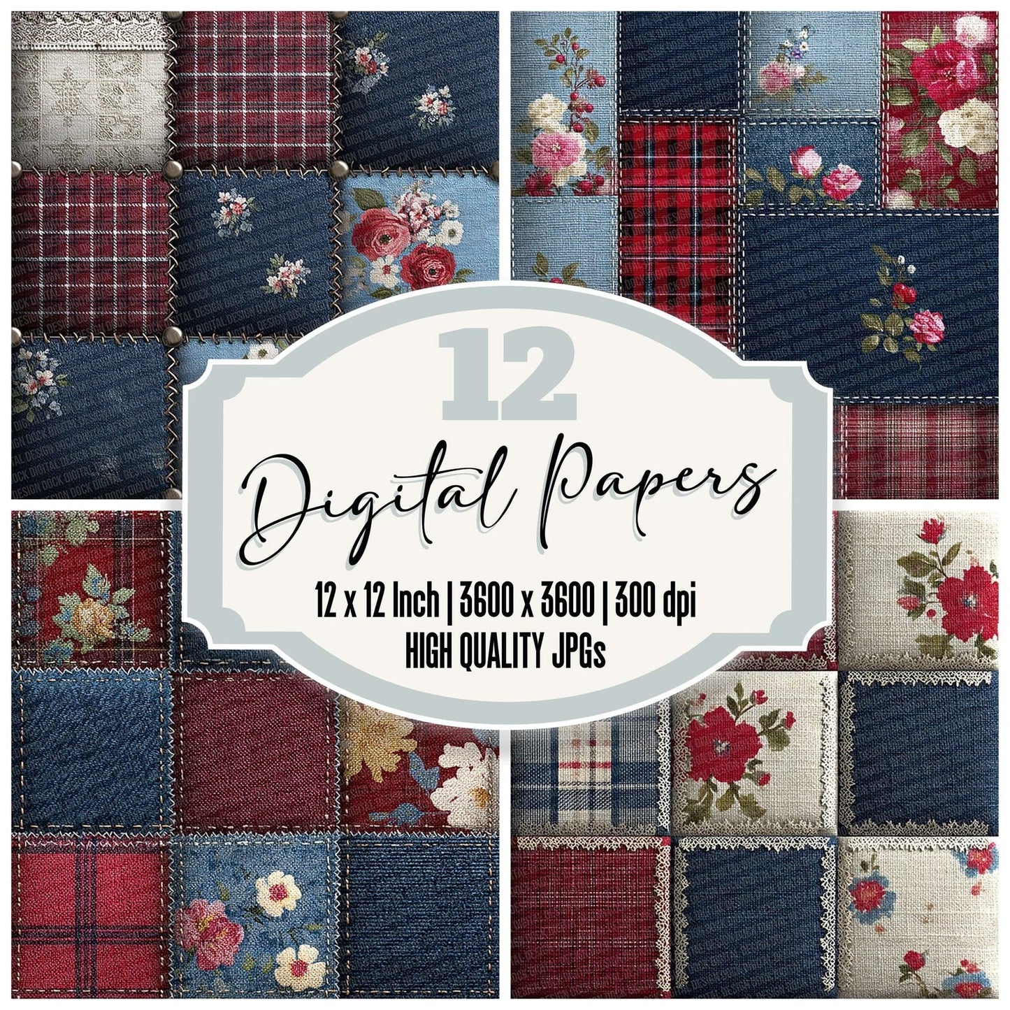 Denim Tartan Lace Patchwork Fabric Digital Paper Pack (DDD001442)