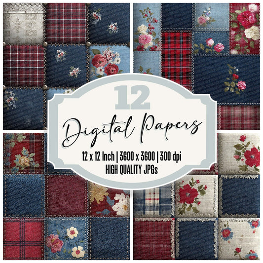 Denim Tartan Lace Patchwork Fabric Digital Paper Pack (DDD001442)