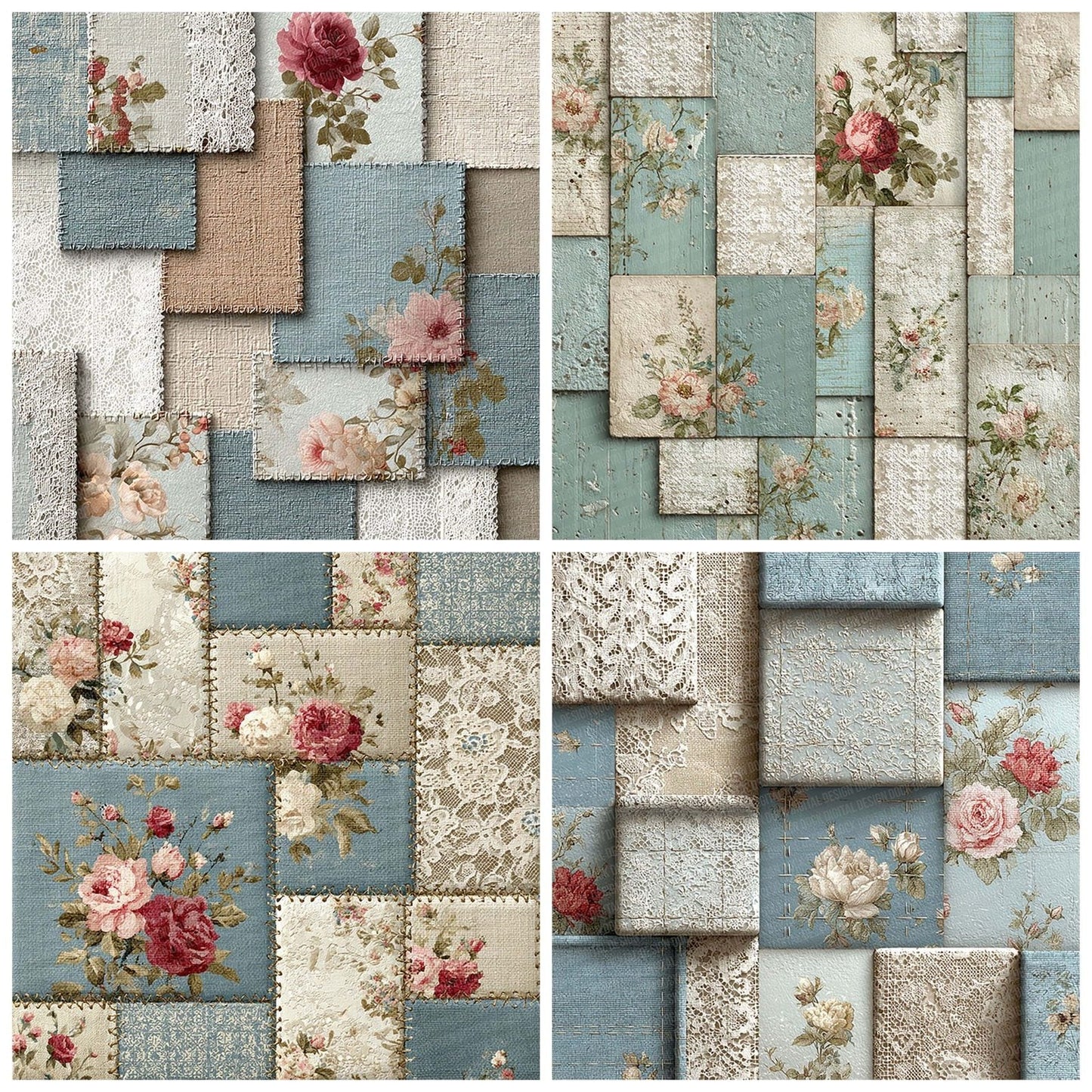 DuckEgg Toile Shabby Patchwork Fabric Digital Paper Pack (DDD001514)