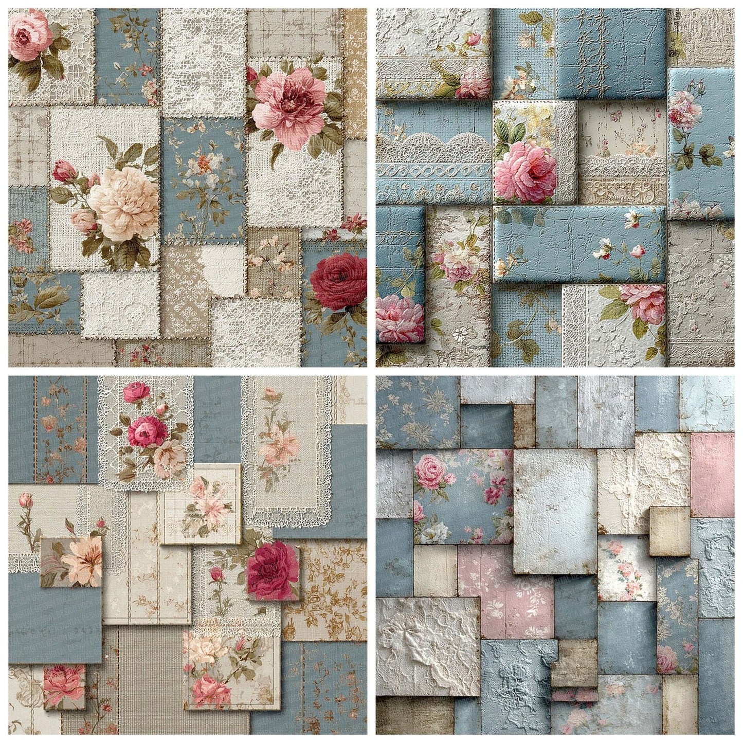DuckEgg Toile Shabby Patchwork Fabric Digital Paper Pack (DDD001514)