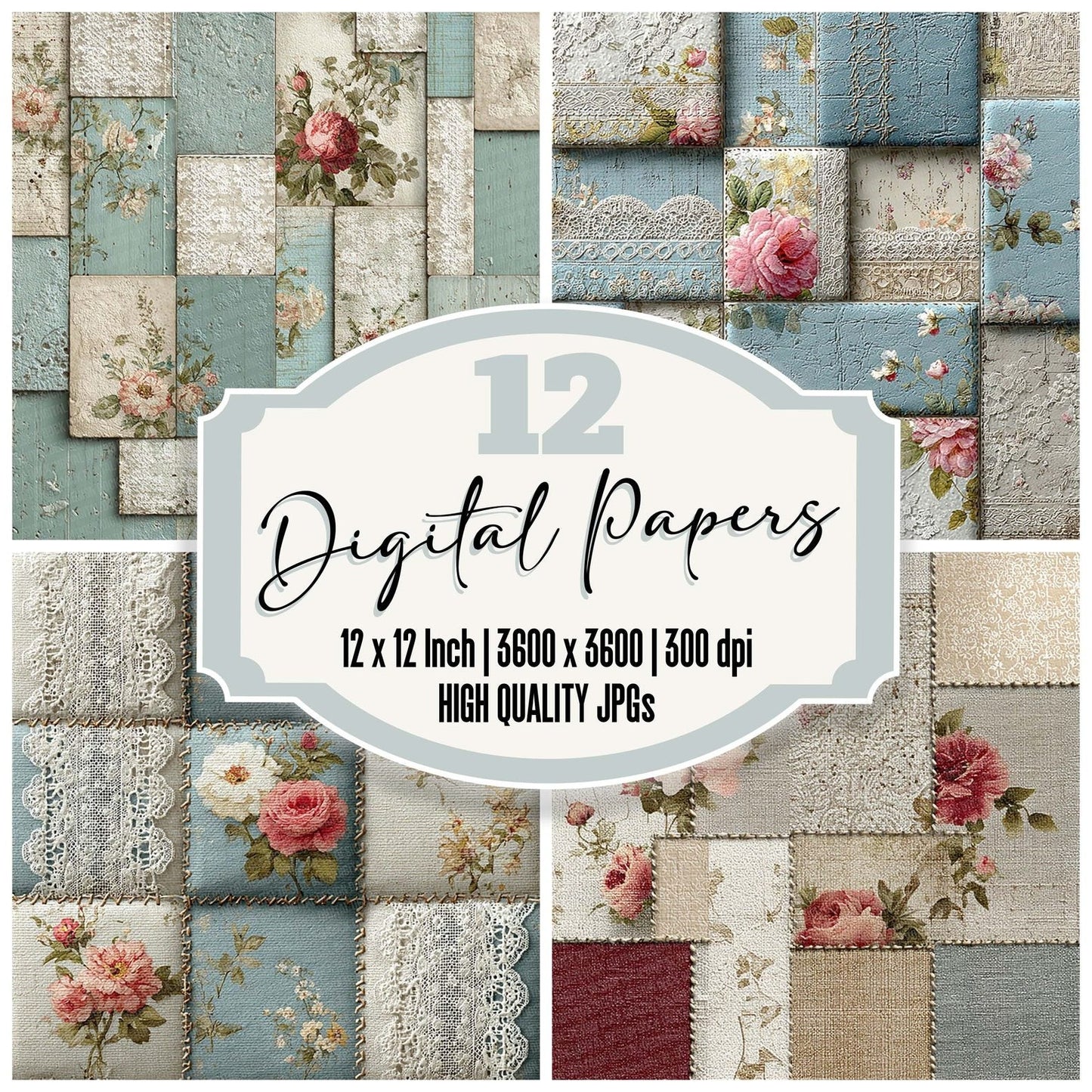 DuckEgg Toile Shabby Patchwork Fabric Digital Paper Pack (DDD001514)