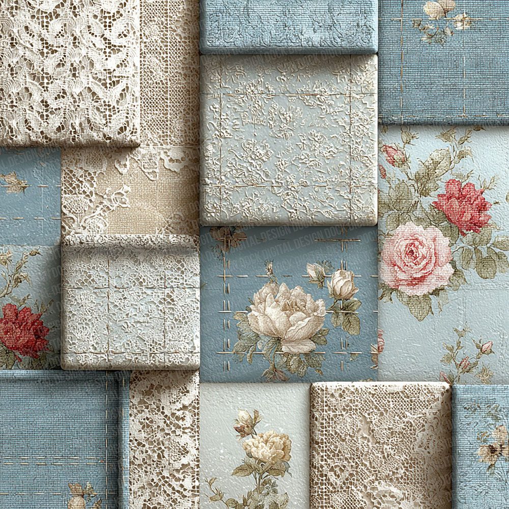 DuckEgg Toile Shabby Patchwork Fabric Digital Paper Pack (DDD001514)