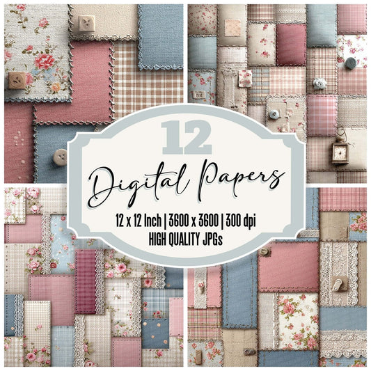 Dusty Rose Lace Patchwork Fabric Digital Paper Pack (DDD001531)