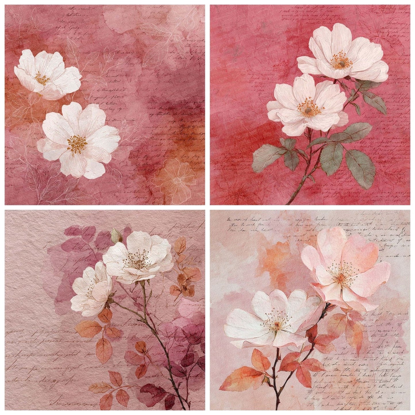 Dusty Rose Watercolour Wash Floral Digital Paper Pack (DDD001532)