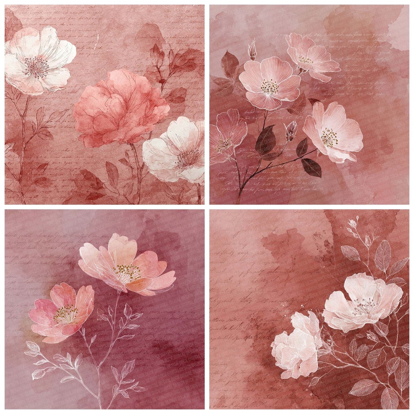 Dusty Rose Watercolour Wash Floral Digital Paper Pack (DDD001532)