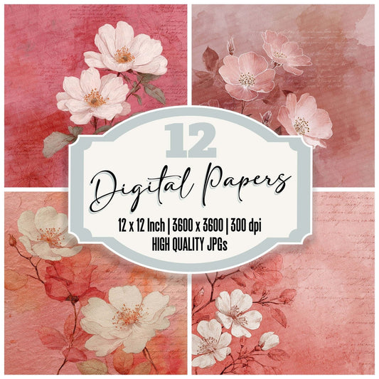 Dusty Rose Watercolour Wash Floral Digital Paper Pack (DDD001532)