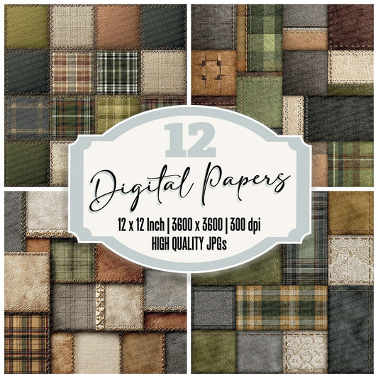 Earth Tartan Lace Patchwork Fabric Digital Paper Pack (DDD001540)