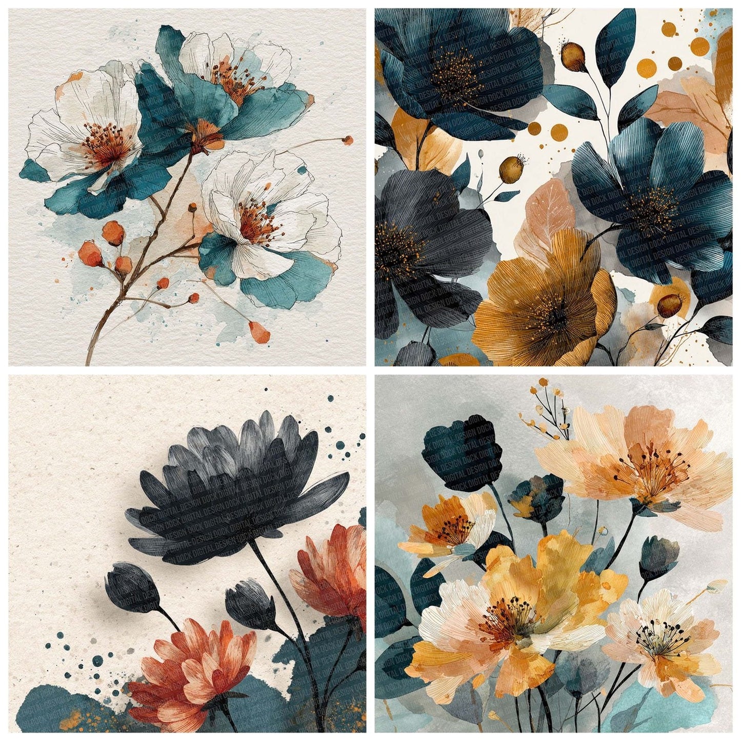 Expressive Ink Florals Digital Paper Pack (DDD001628)