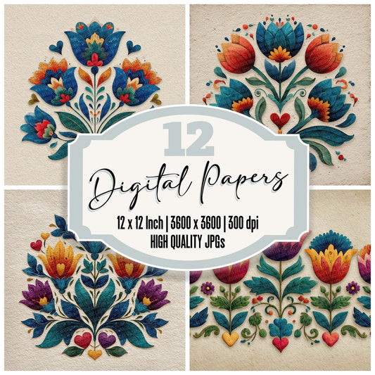 Folk Art Floral Heart Digital Paper Pack (DDD001753)