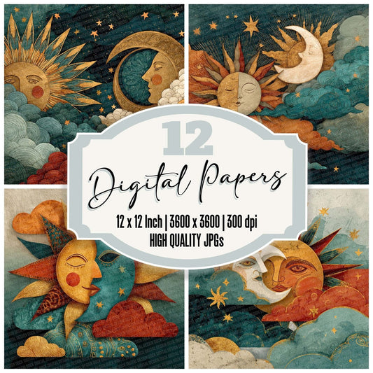 Folk Art Sun Moon Digital Paper Pack (DDD001754)