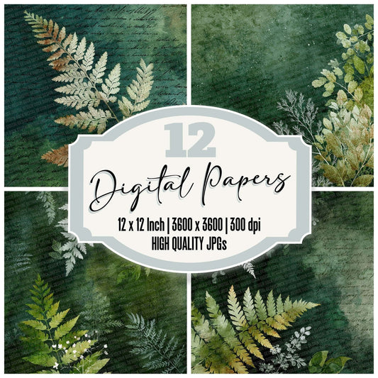 Forest Moss Watercolour Wash Floral Digital Paper Pack (DDD001776)