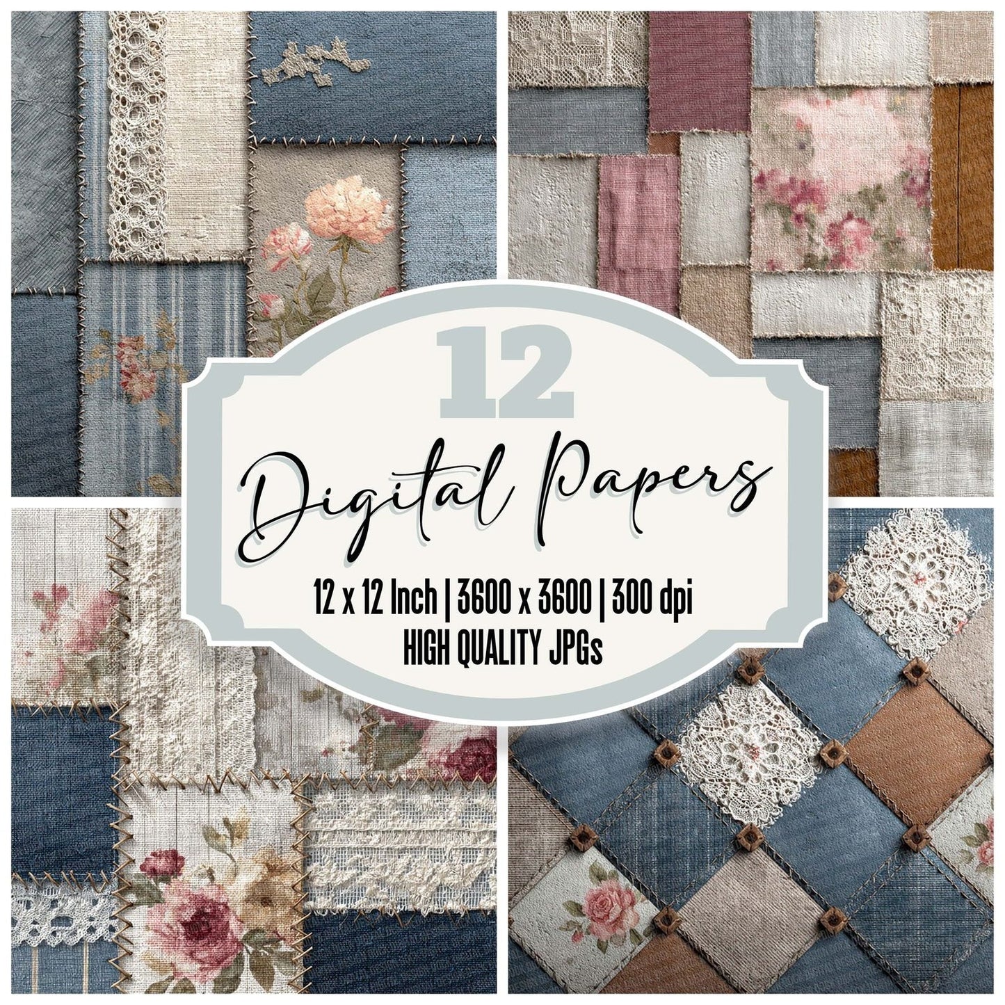 French Country Shabby Patchwork Fabric Digital Paper Pack (DDD001808)