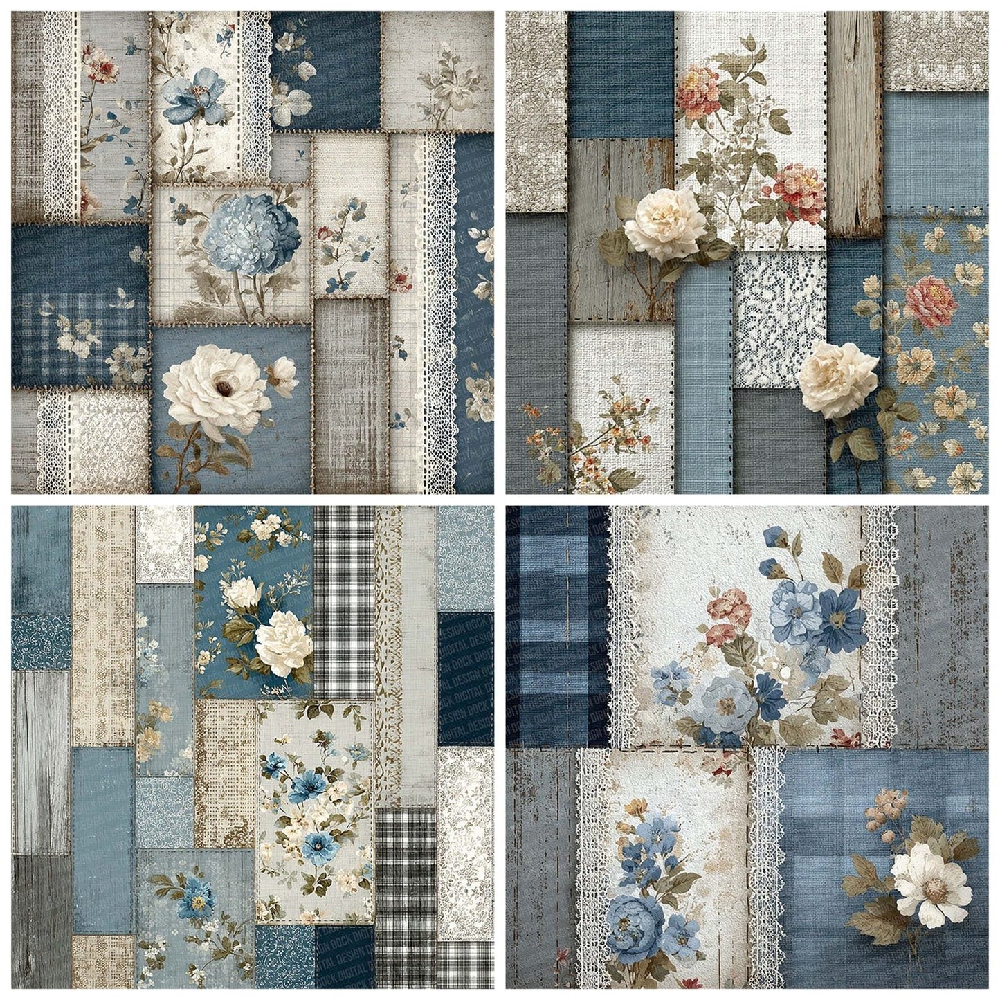 French Grey Blue Shabby Patchwork Fabric Digital Paper Pack (DDD001809)