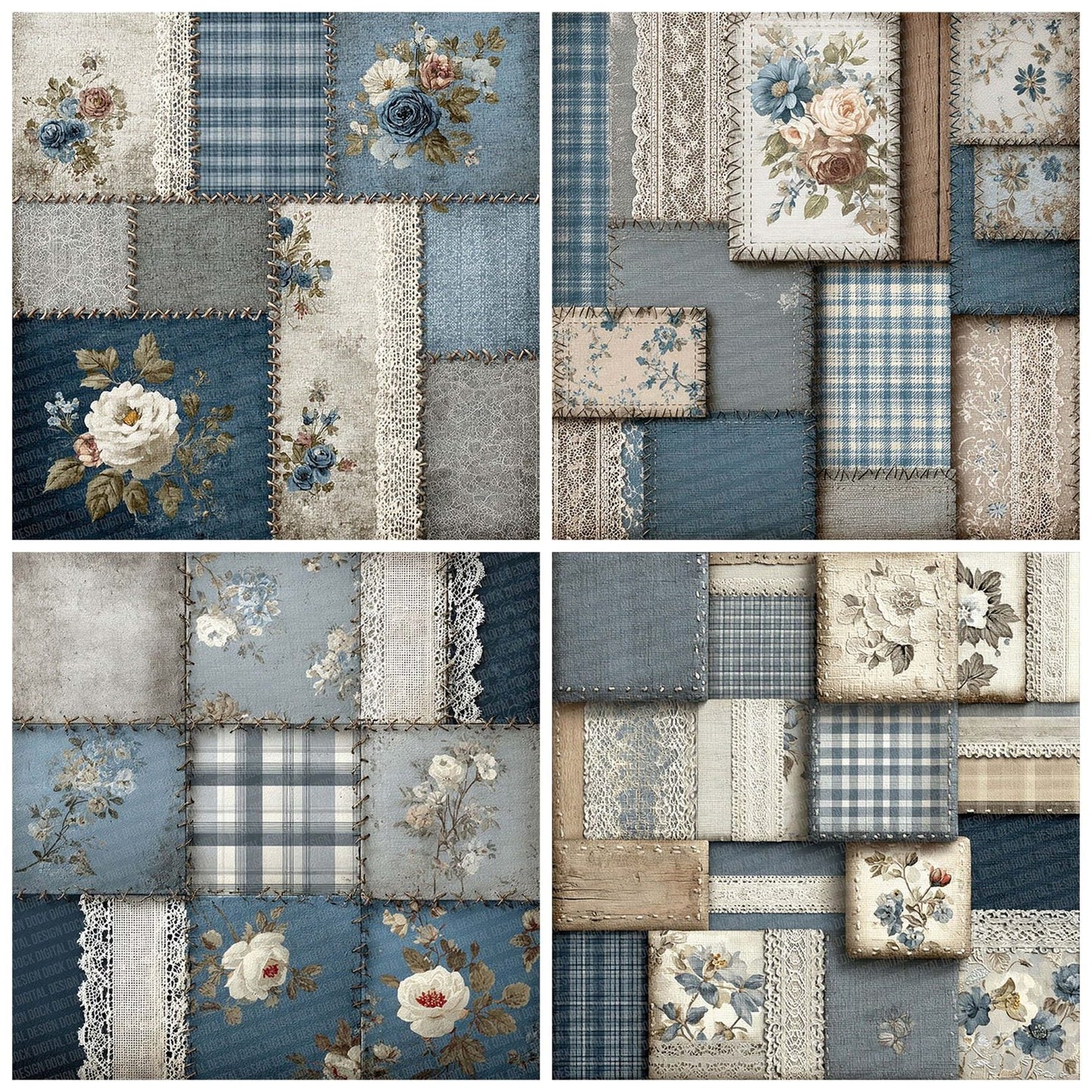 French Grey Blue Shabby Patchwork Fabric Digital Paper Pack (DDD001809)