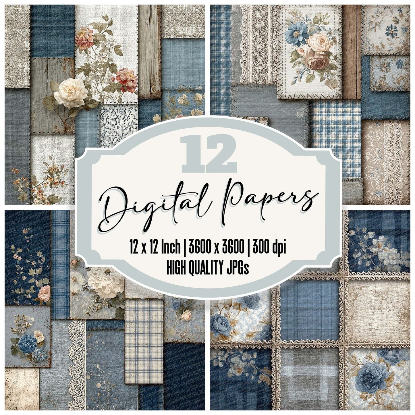 French Grey Blue Shabby Patchwork Fabric Digital Paper Pack (DDD001809)