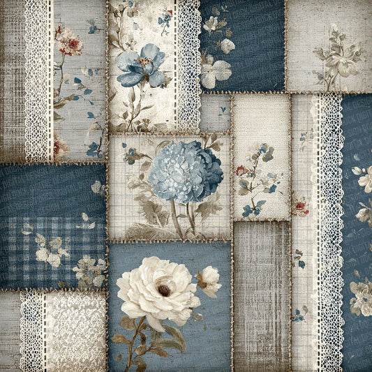 French Grey Blue Shabby Patchwork Fabric Digital Paper Pack (DDD001809)