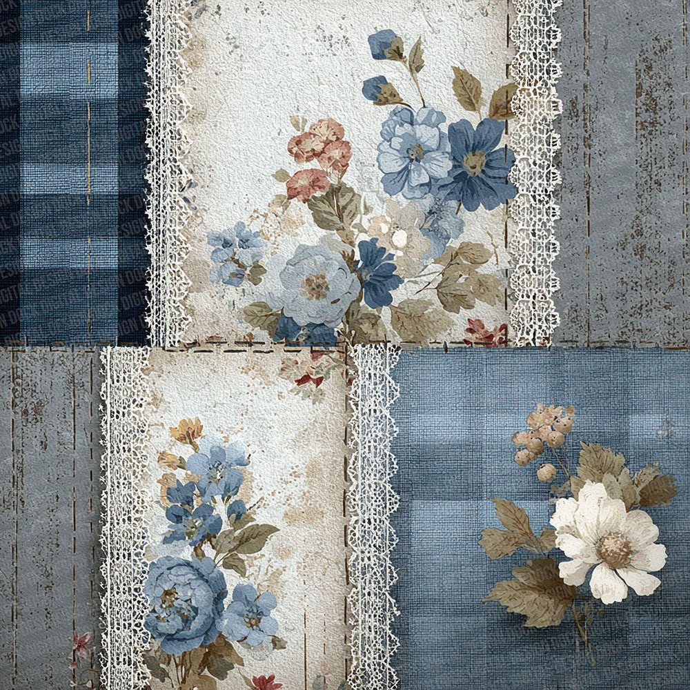 French Grey Blue Shabby Patchwork Fabric Digital Paper Pack (DDD001809)