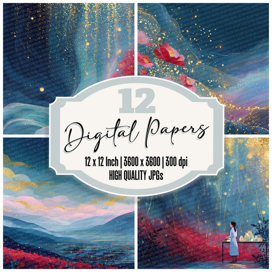 Gold Red Bloom Digital Paper Pack (DDD001891)